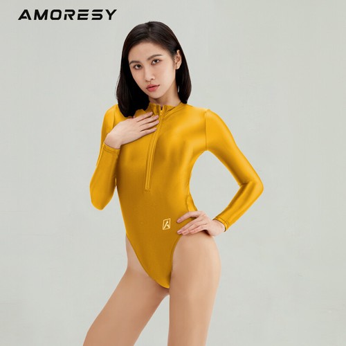 AMORESY Women Sexy Shiny Swimwear One Piece Zipper High Cut Long Sleeve Leotards - Picture 1 of 22