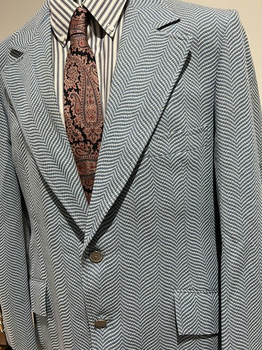 Men’s 70s Sportcoat 44R knit Blue White British Tailor Optical Illusion Disco - Picture 2 of 8