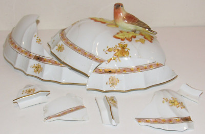 Herend Large Soup Tureen Cover Pieces Bird Figurine Porcelain Yellow Bouquet