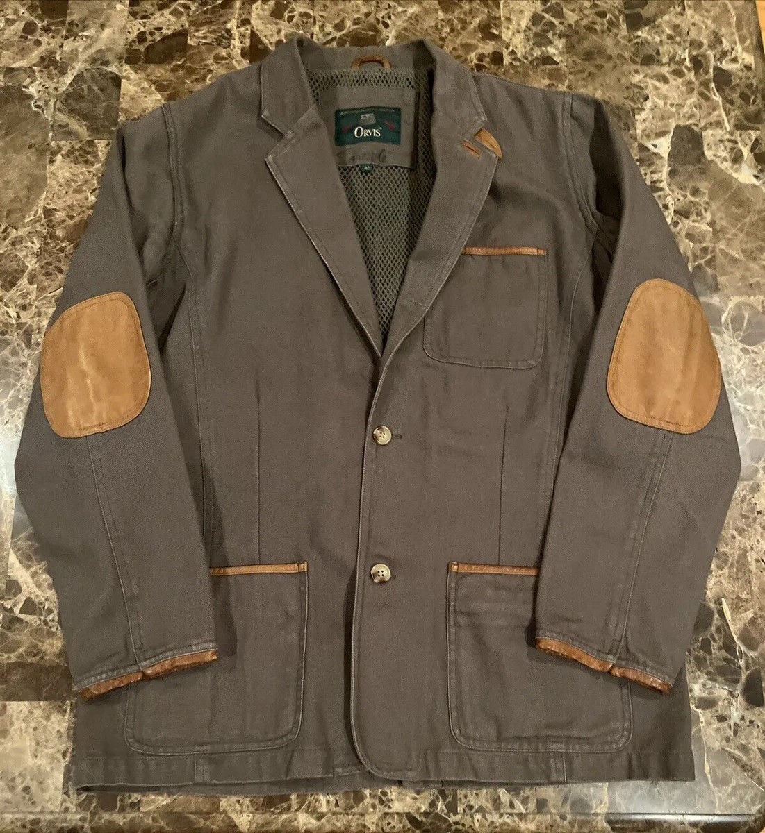 Orvis Mens 42 Fly Fishing Zambezi Jacket Khaki Leather Elbow Patch