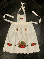 Apron Christmas Ivory Tree Teddy Bears Poinsettias Pockets scalloped hem