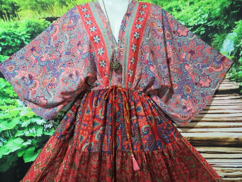 BOHO 100% SILK KIMONO SLEEVE PATCHWORK RUFFLED LONG DRESS REG 14 - 20 - Picture 3 of 6
