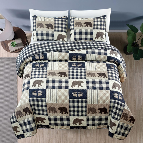 3 Piece Reversible Quilt Set with Sham | Queen Cabin Comforter Set | Rustic Bear - Picture 5 of 7