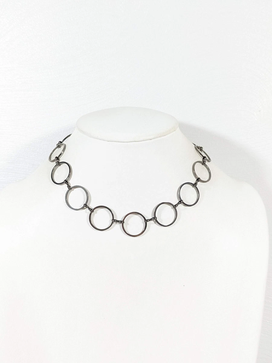 Gunmetal Gray Metallic Open Circle Chain Choker Necklace 19 inches