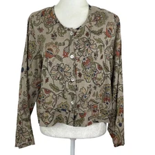FLAX Top Size S Oversized Boxy Floral Paisley Long Sleeve Button Up Brown Green