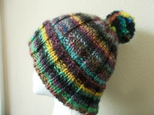 Hand knitted bulky warm wool pom pom beanie/hat, dark stripes colors