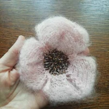 Pink Fluffy Knitted Brooch Poppy Flower Handmade Embroidered Beaded