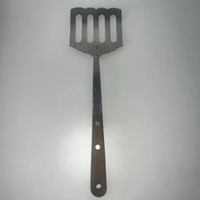 Vtg Robinson Knife Co Slotted Curved Spatula Turner strainer Short Wood Handle