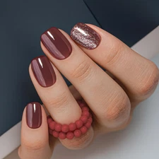 30Pcs Press on Nails, Short Square Acrylic Fake Nails with Wine Red Glitte Apric