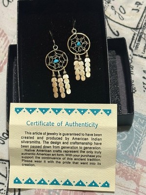 Native American Dreamcatcher Dangle Earrings Turquoise Brass Hook Handmade