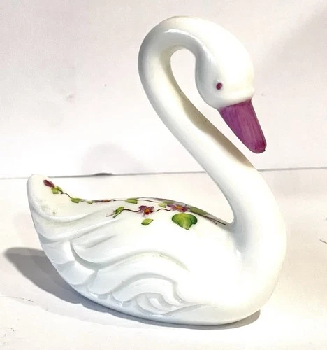 Fenton "Violets in the Snow" Swan Figurine | White Swan Ceramic | 4" | Purple