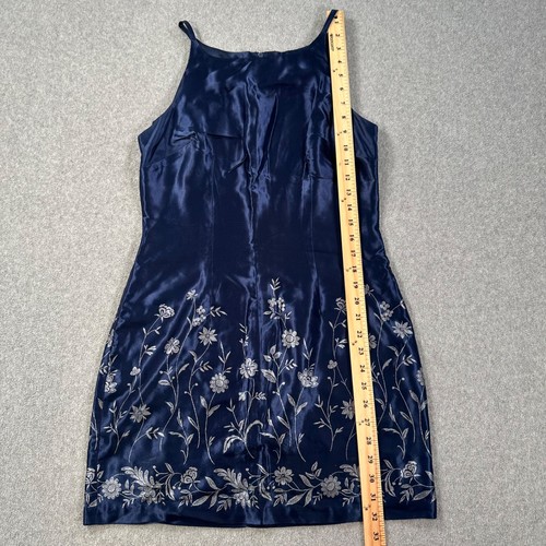 Robe décontractée vintage années 90 coin satin bretelles spaghetti taille 9/10 bleu brodere - Photo 4/8