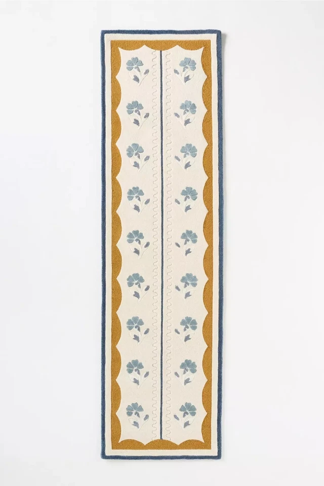 Alfombra floral de viscosa de lana acolchada a mano azul marfil mostaza borde decoración moderna Foto 3 de 4