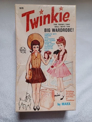 1960s Twinkie doll with original box, stand, clothing, accessories, and wigs
