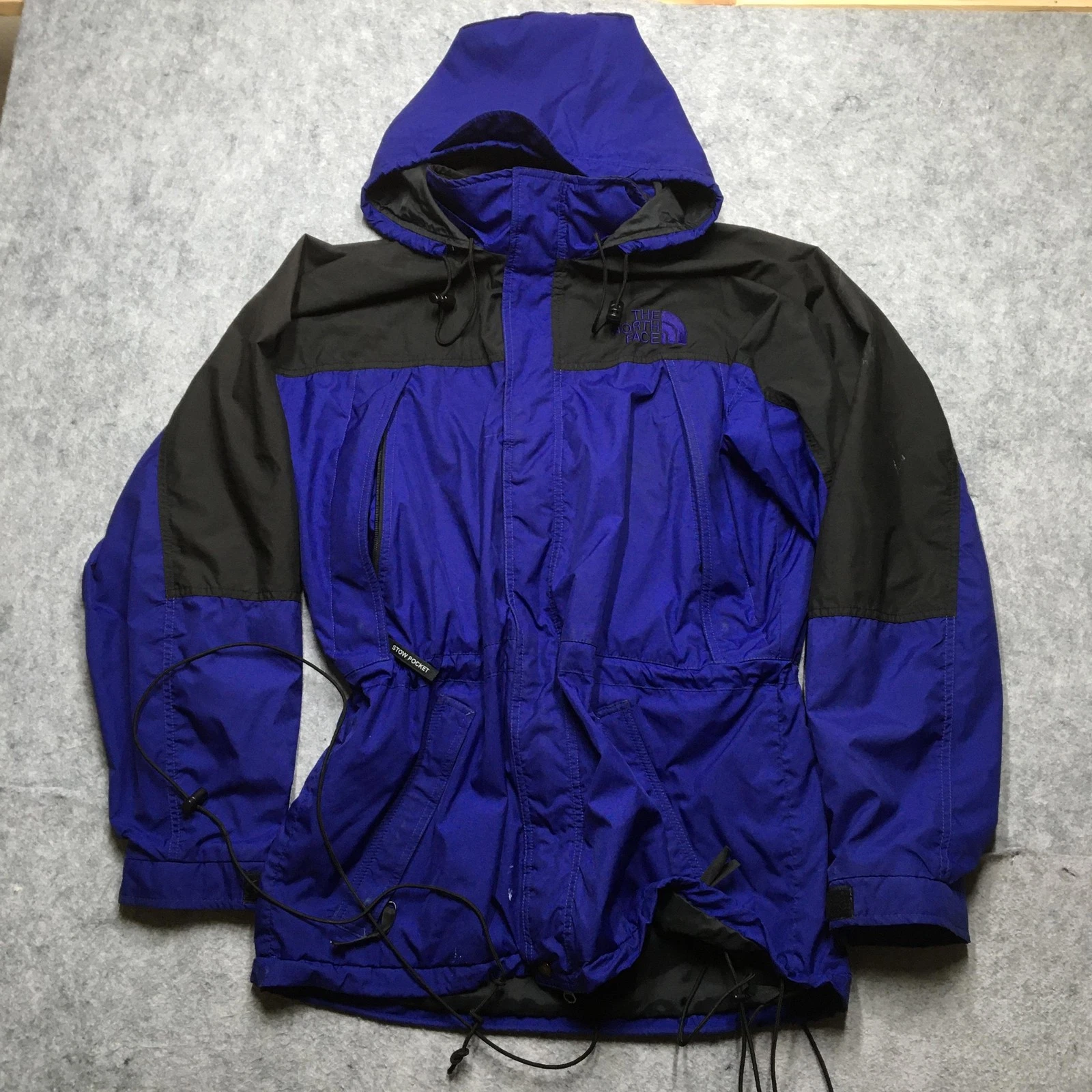 Vintage North Face Jacket Mens Medium Blue Black Hooded Windbreaker Coat Shell