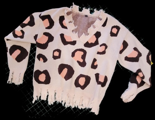 Beauts and Beaus Boutique Sweater Leopard Print Distressed Fringe XL