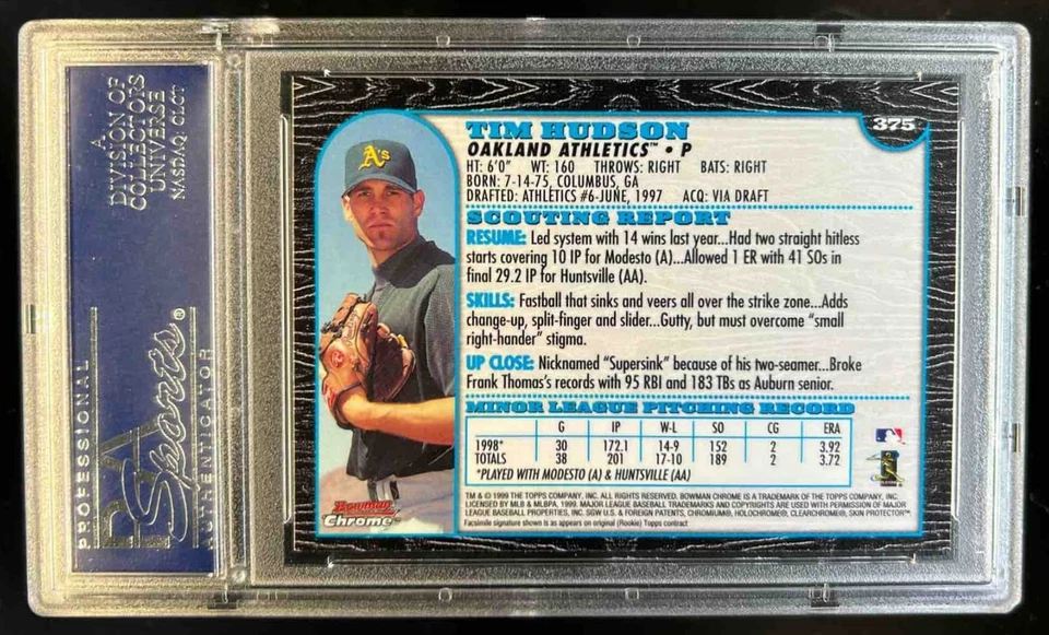 1999 Bowman Chrome Tim Hudson Rookie RC #375 Athletics PSA 9 - Image 2 of 2