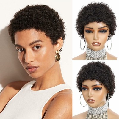 Pixie Cut Perücke schwarz kurz Afro versaut lockig natürlich 100% Echthaar Cosplay Jet