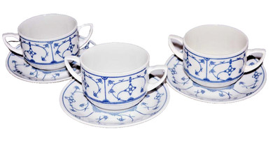 3x Suppentassen mit Unterteller Indisch Blau Strohblume  Saks Jäger Eisenberg