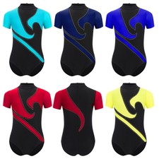 Kids Boys Short Sleeve Gymnastics Leotard Zipper Color Block Yoga Dance Bodysuit