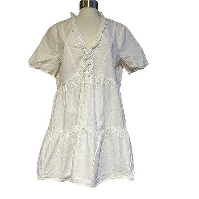 Zara Large White Cotton Dress Shabby Chic Boho Beach Pintuck Tiered Caftan
