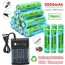 16PCS 3000mAh AA AAA Rechargeable Battery Alkaline Batteries / USB Smart Charger