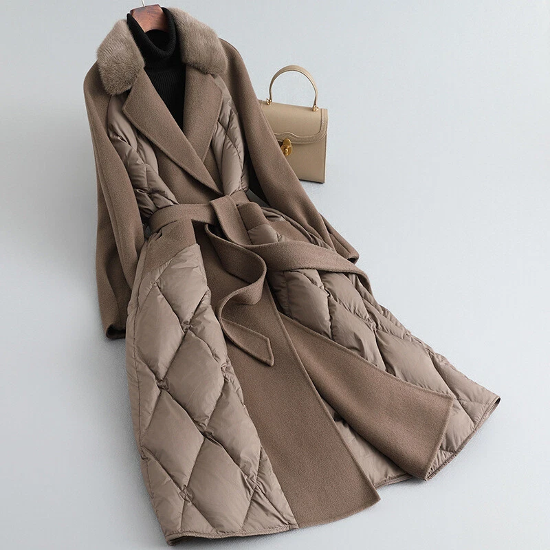 Abrigo de invierno 2024 cuello de piel de visón cachemir chaqueta larga plumón de ganso abrigo de lana Foto 3 de 4