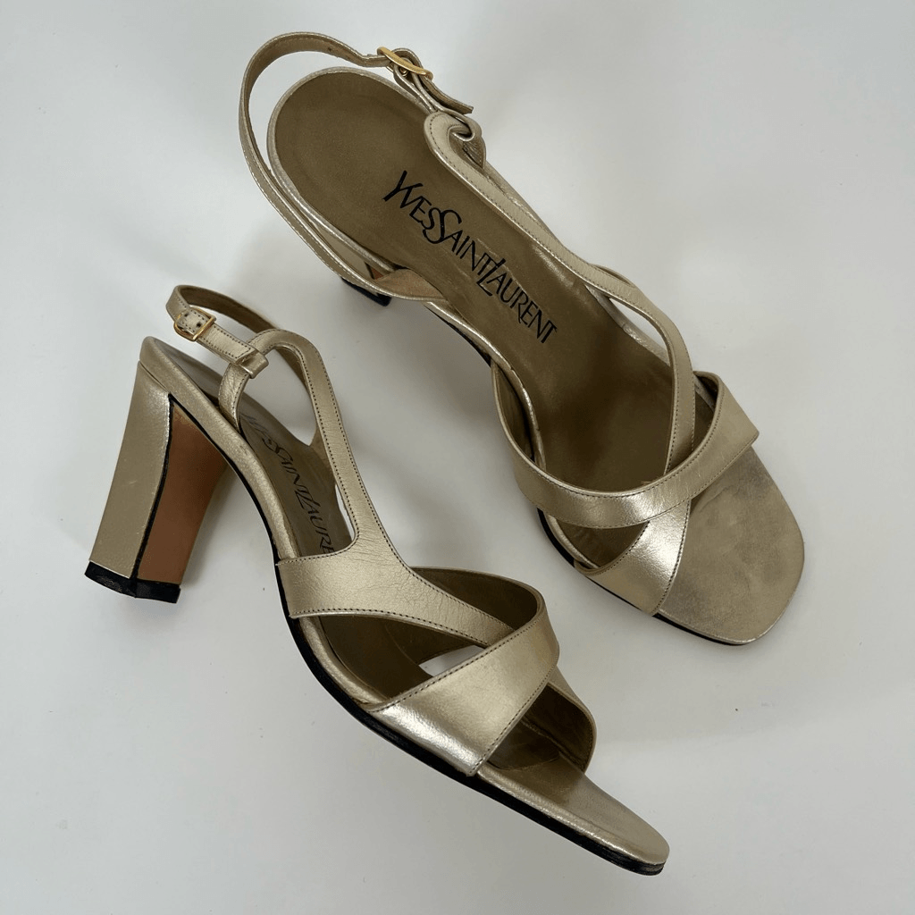 Sandali Yves Saint Laurent YSL donna 6 tacco a spillo oro champagne con cinturino