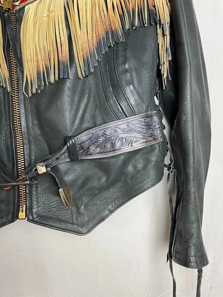 Chaqueta de Motociclista Walter Co Cuero Genuino Sturgis Frisco Grande Negro Tostado Flecos Foto 4 de 4