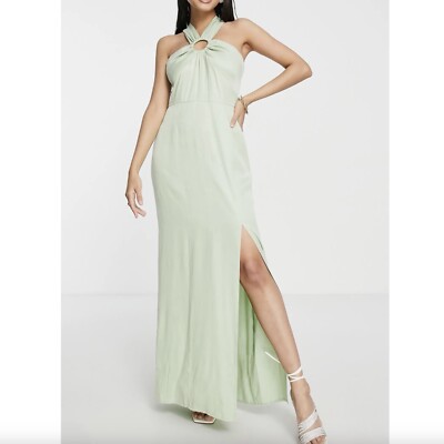 New Topshop Ring Cutout Halter Neck Side Slit Maxi Dress Sage Green Size 6  | eBay