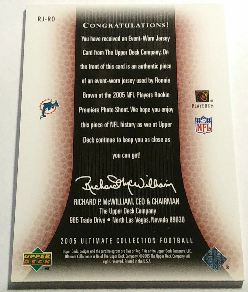 2005 RONNIE BROWN UD ULTIMATE COLLECTION ROOKIE JERSEY CARD #64/99 AUBURN TIGERS - Image 2 of 2