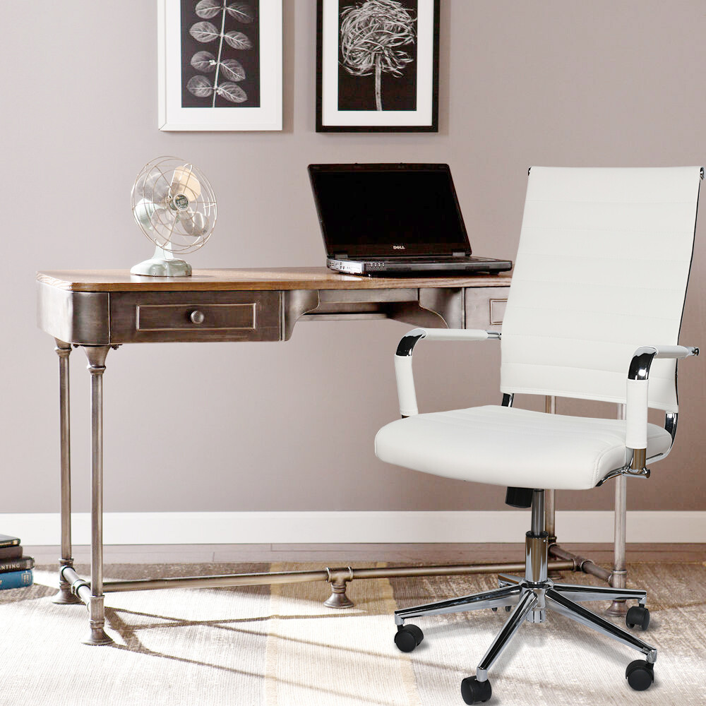High Back White PU Office Chair with Adjustable Height and Swivel Wheels-image