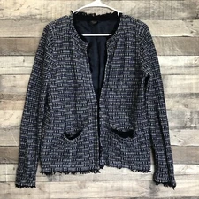 J.Crew Women Blue Fringe Tweed Wool Blend Blazer Jacket Size Medium Business