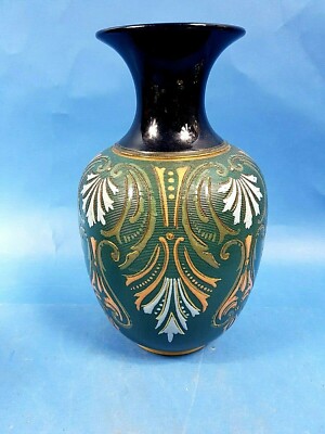 Vintage Langley Mills Studio Kunstkeramik grün/weiß/gold glasiert Korsett Vase