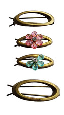 Vintage Hair Clip Barette Oval Gold Tone Floral Pink Blue Rhinestone Lot of 4