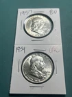 2 x Franklin 90% Silver 1954-D 1957-D Half Dollar AU UNC-Like Condition US Coins