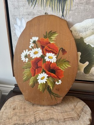 Vintage Wood Hand Painted Plaque Red Floral Poppies Daisy Wall Decor Signed MCM