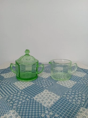 Green Glowing Depression Glass Creamer And Sugar Bowl With Lid