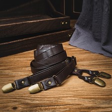 Vintage Suspenders Trouser Braces Coffee Pu Leather Strap 4 Clips Y-shape 2cm