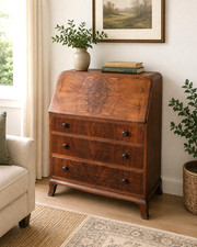 Vintage Walnut Bureau Writing Desk Fall Front Chest Drawers Home Office Cabriole