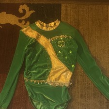 Green and Gold Gymnastics Leotard Long Sleeve with Rhinestones