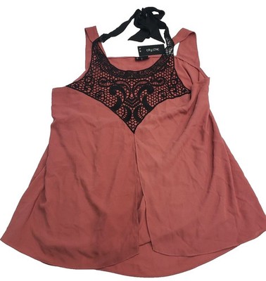 City Chic Womens Clay Red Top Motif Neck Blouse Size XS (14) Tie Back Neck
