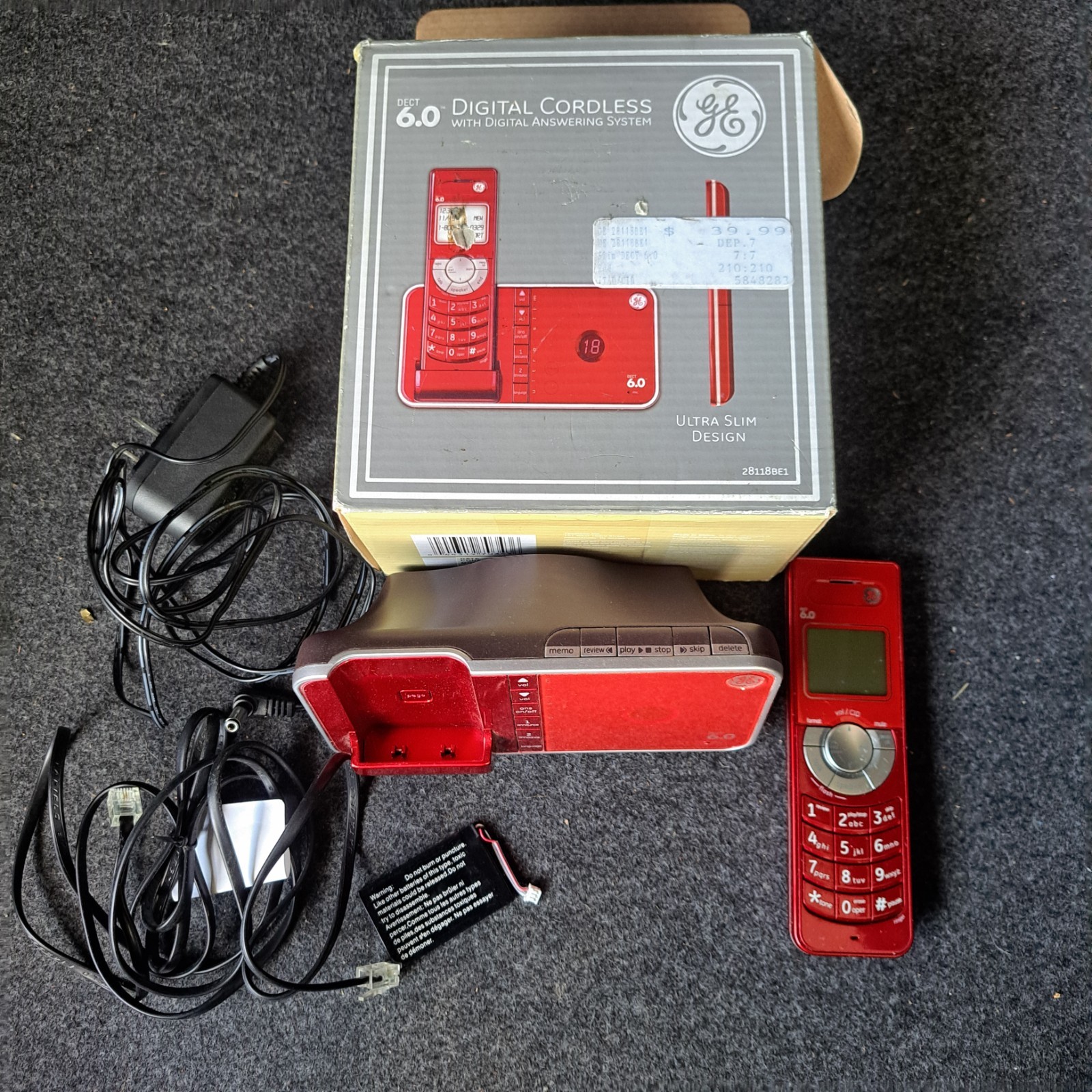 GE DECT 6.0 Digital Cordless Phone Red, Digital Answering Machine 28118BE1