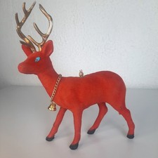 Vintage Red Flocked Reindeer 6" Christmas Ornament Hong Kong READ FOR CONDITION