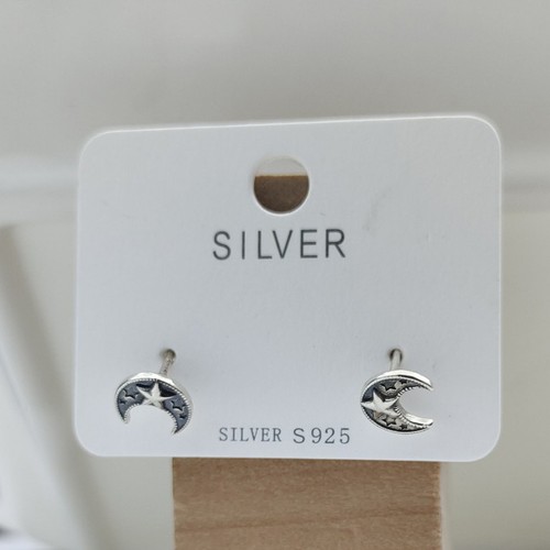 Real Solid 925 Sterling Silver Star Moon Stud Earrings - Picture 6 of 6