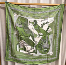 100 Twill Silk Scarf Square Women Bandana Green line print Wrap 35'' Neckerchief