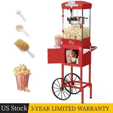 480W Popcorn Machine W/ Cart & Wheel 10 Oz Home Theater Popcorn Maker Detachable