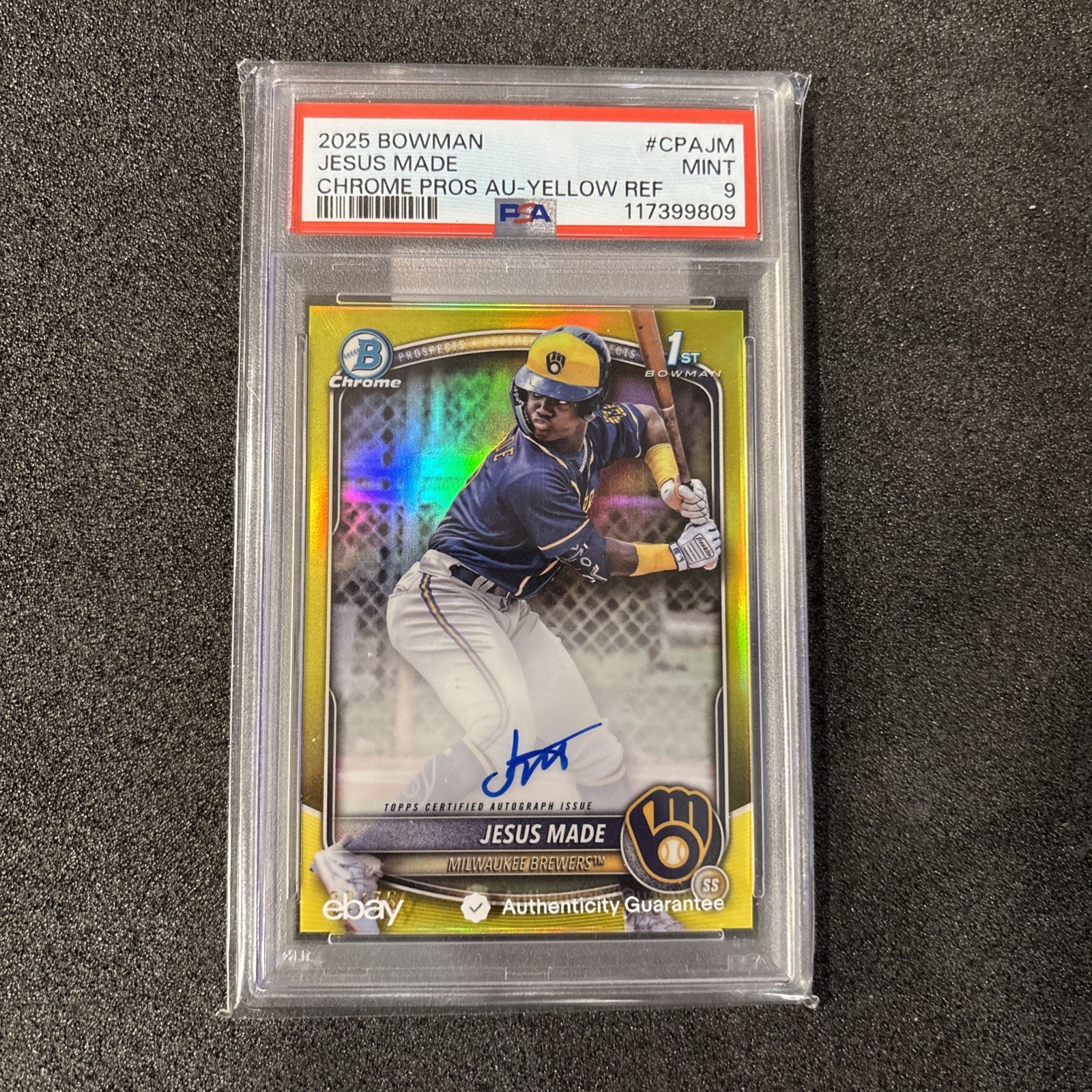 JESUS MADE 2025 BOWMAN CHROME 1ST YELLOW REFRACTOR AUTO /75 PSA 9 COLOR MATCH!!!
