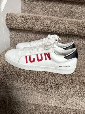 Dsquared2 Men s White Leather Sneakers With ICON Details. Size EU 45