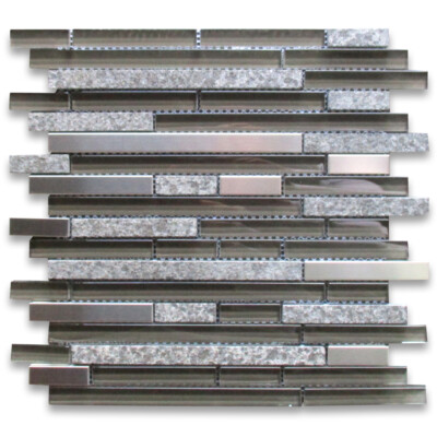 A76002 Glass Mosaic Tile Grey Glass Flamed Granite Stainless Steel Backsplash